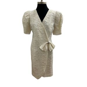 Vtg 80s Cachet Cream Lace Puff Sleeve Bow Rhinestone Wrap Dress 7/8